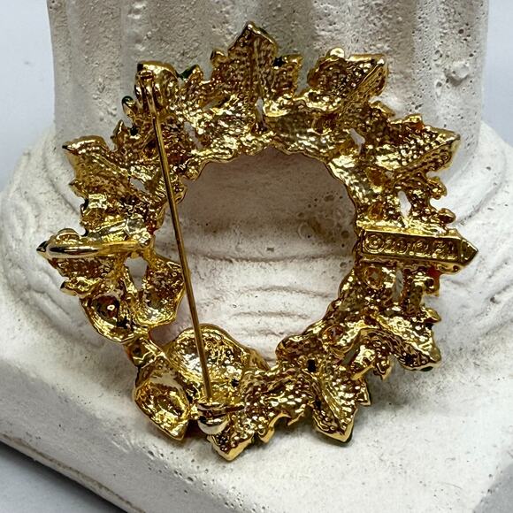 Fall Brooches 2 Wreath theme Pins Hallmark, F.L. Acrylic, Gold Tone Orange Green - Picture 9 of 13